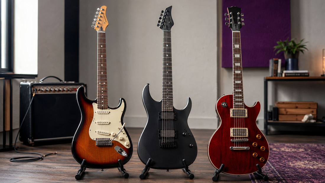 Tres guitarras eléctricas de distintos estilos junto a un amplificador