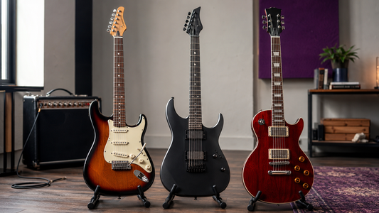 Tres guitarras eléctricas de distintos estilos junto a un amplificador