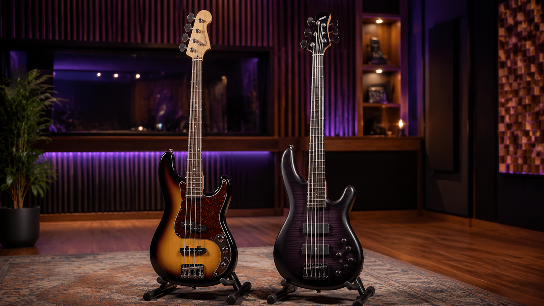 Bajo eléctrico de cuatro cuerdas en un estudio musical profesional