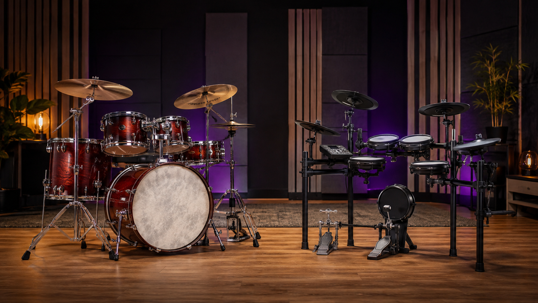 Batería acústica y batería electrónica en un estudio musical