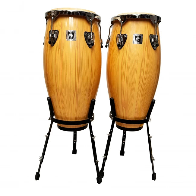 Par de congas de 10 y 11 pulgadas color madera con soporte